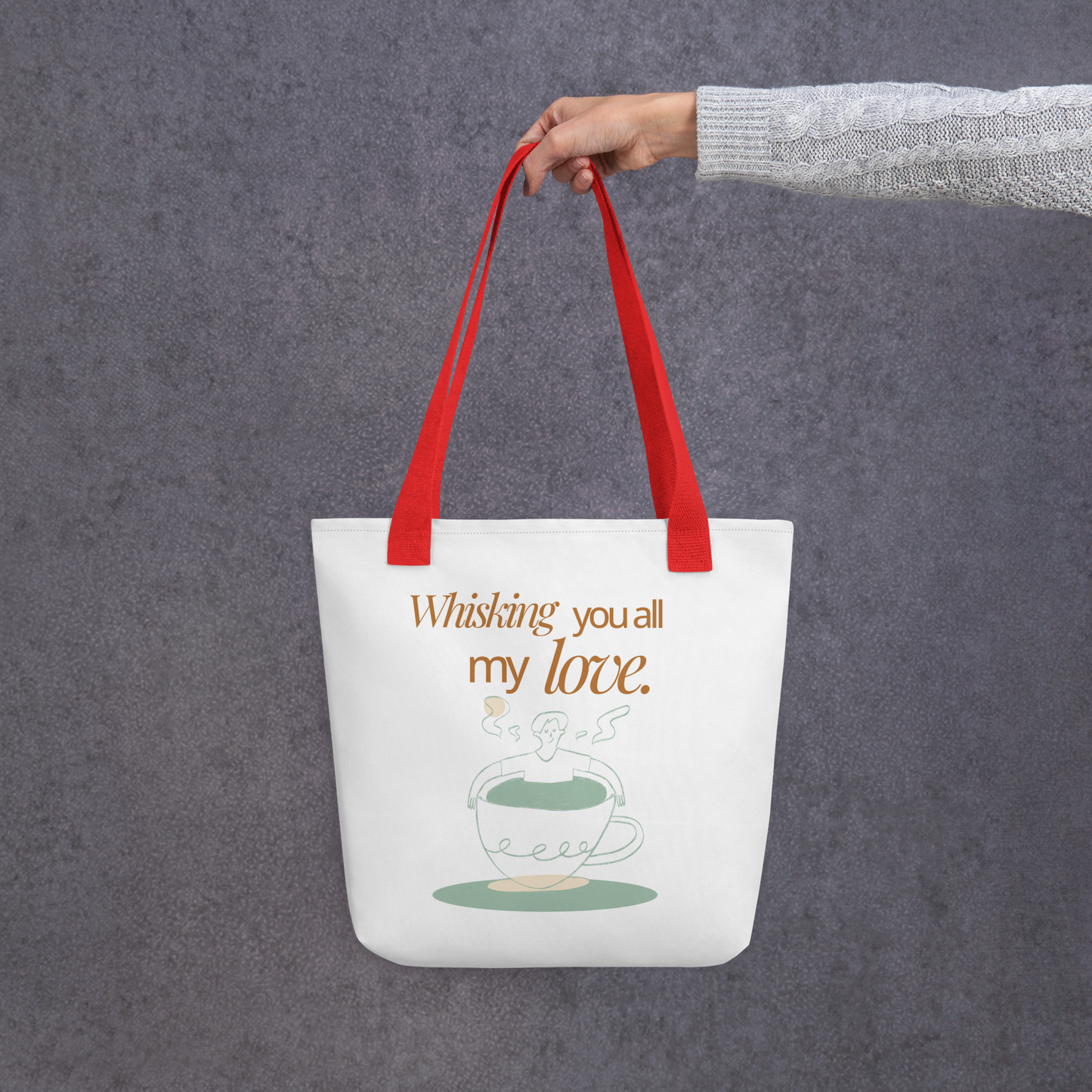 Whisking You All My Love tote bag red handles
