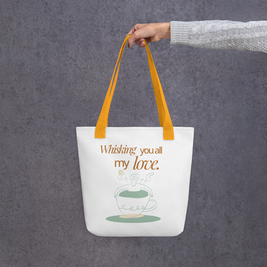 Whisking You All My Love tote bag yellow handles 
Teacup whisk steam design tote bag lifestyle shot